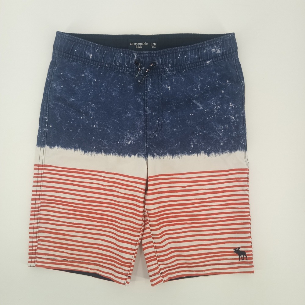 Abercrombie Kids Boys Swim Trunks 11/12 Americana Flag Striped Board Shorts Blue